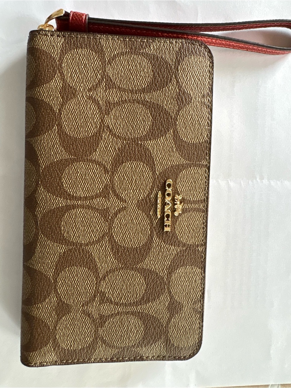 Coach Brown Signature Canvas Wristlet with Red Strap and Gold Hardware